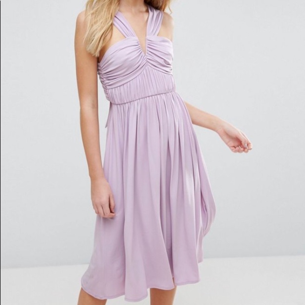 ASOS lilac v front ruched midi dress